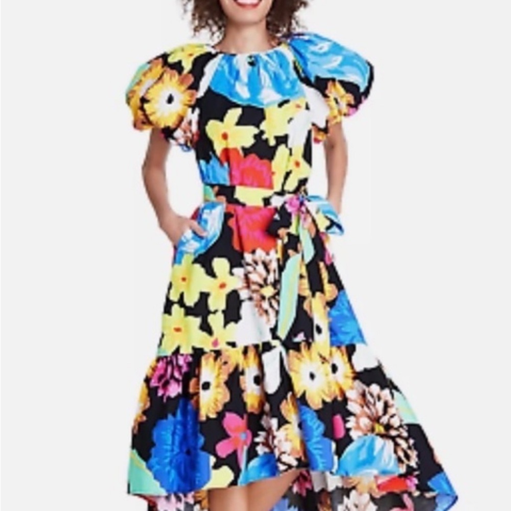 Christopher John Rogers Yellow and Blue Ruffled Tie Front Sundress